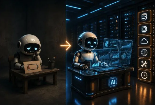 Dos robots: un esgotat sense recursos i un altre productiu amb dades i infraestructura